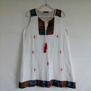 THML Womens White Tie Tassel Embroidered Lace Detailing Tunic A-Line Dress Sz M